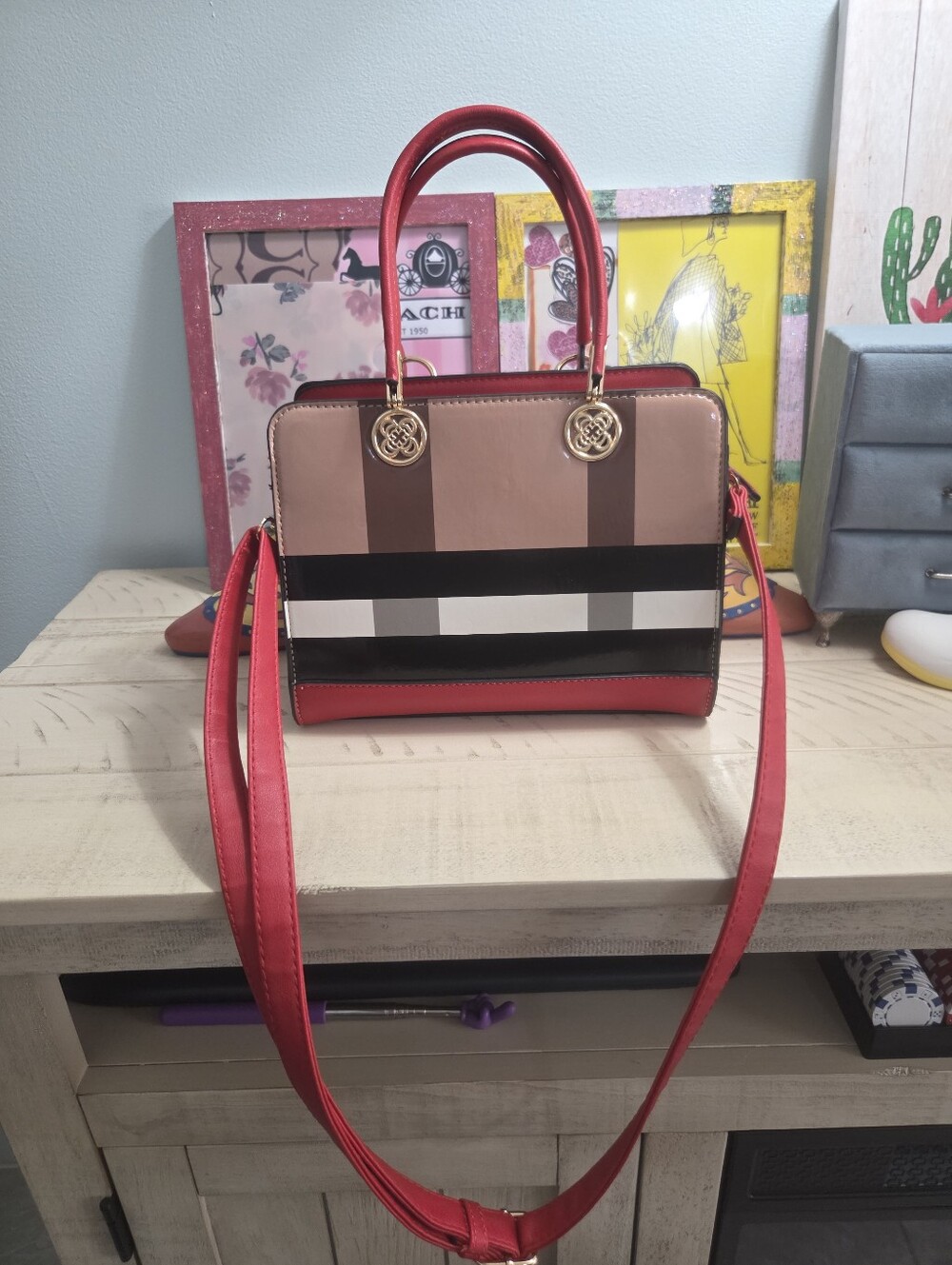 Deluxity Los Angeles Multi-Colored Plaid Satchel with red, black, white, and tan